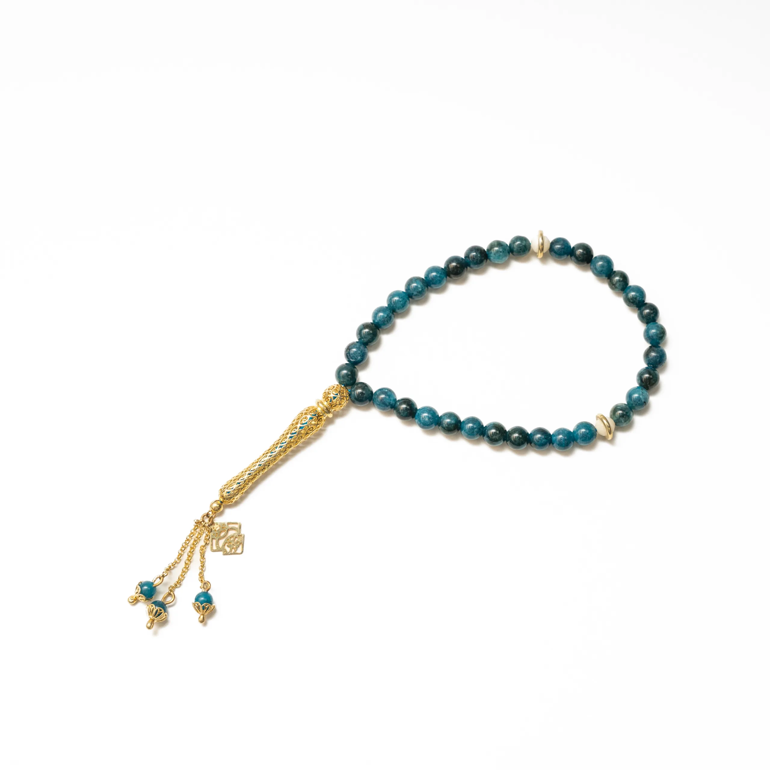 33 Apatite Gemstone & Camel Bone Tasbih with Silver Embellishments