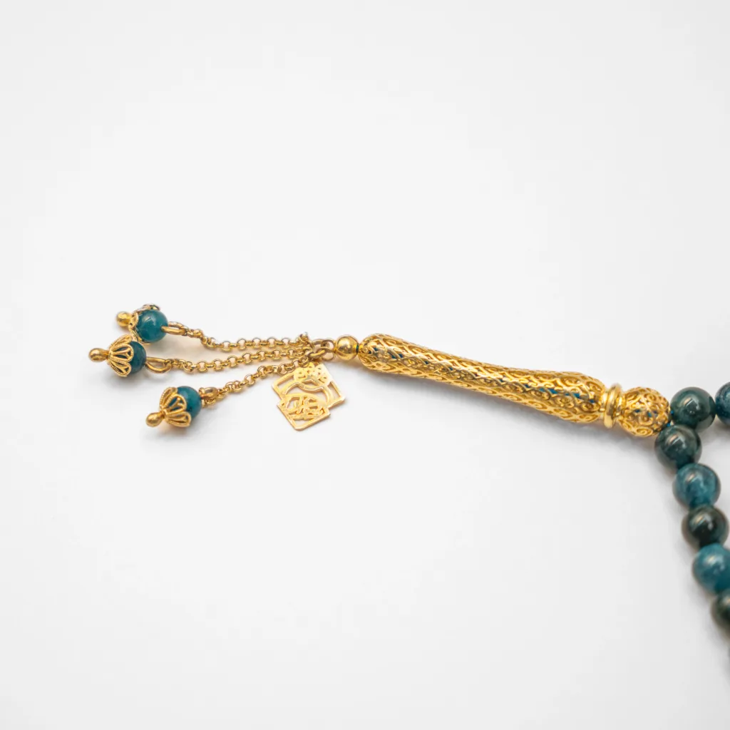 33 Apatite Gemstone & Camel Bone Tasbih with Silver Embellishments